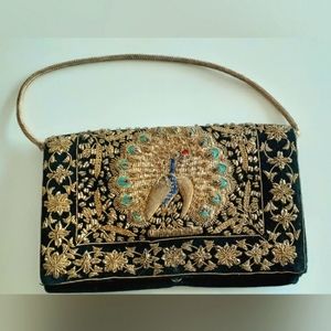 Vintage Peacock Velvet Metallic Thread Clutch Gold Silver Blue
